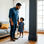A diverse family, a caring father and mother with their young child and a domestic cat, are depicted within a bright, modern living room. All family members are fully clothed in modest, everyday attire. The living room is tidy and well-lit, with the child playing safely on a rug and the cat observing nearby. The parents stand, looking thoughtful, subtly gesturing towards a corner or a baseboard, conveying a minor concern about home safety without showing any pests directly. The overall atmosphere suggests peaceful home life alongside an underlying need for vigilance. professional photography, high resolution, soft natural lighting, realistic rendering, perfect anatomy, correct proportions, well-formed hands, proper finger count, natural body proportions, natural pose, safe for work, appropriate content, fully clothed, modest clothing, family-friendly, appropriate attire.