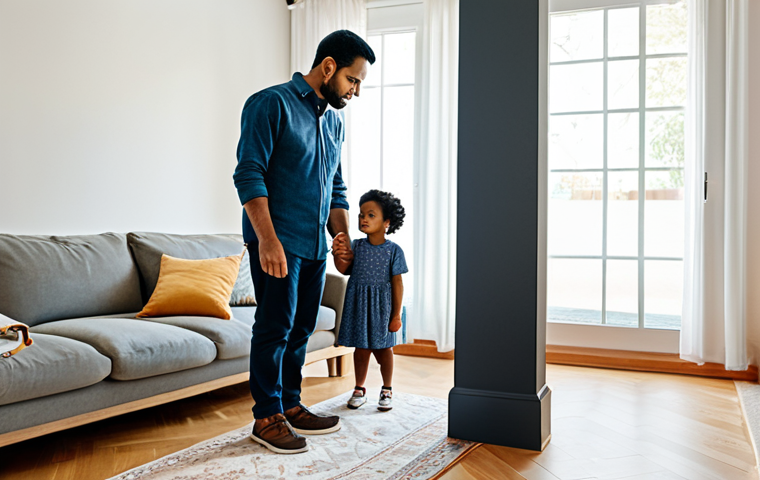 A diverse family, a caring father and mother with their young child and a domestic cat, are depicted within a bright, modern living room. All family members are fully clothed in modest, everyday attire. The living room is tidy and well-lit, with the child playing safely on a rug and the cat observing nearby. The parents stand, looking thoughtful, subtly gesturing towards a corner or a baseboard, conveying a minor concern about home safety without showing any pests directly. The overall atmosphere suggests peaceful home life alongside an underlying need for vigilance. professional photography, high resolution, soft natural lighting, realistic rendering, perfect anatomy, correct proportions, well-formed hands, proper finger count, natural body proportions, natural pose, safe for work, appropriate content, fully clothed, modest clothing, family-friendly, appropriate attire.