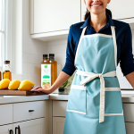A professional woman, fully clothed in a modest, clean kitchen apron over appropriate attire, stands confidently in a bright, modern kitchen. She holds a lemon and a bottle of white vinegar, with other natural ingredients like baking soda and essential oil bottles visible on a clean countertop. The setting is well-organized, with natural light streaming in, conveying a sense of empowerment and natural solutions for home care. safe for work, appropriate content, fully clothed, professional, modest, perfect anatomy, correct proportions, natural pose, well-formed hands, proper finger count, natural body proportions, high-quality photography, soft focus background.