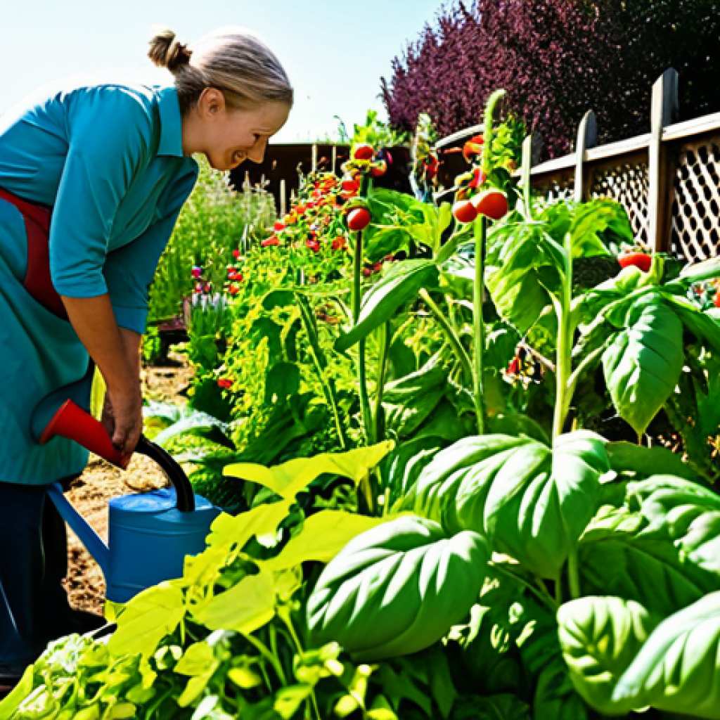 Thriving Garden Scene**

"A vibrant vegetable garden teeming with life, companion plants like basil and tomatoes growing together, ladybugs and bees buzzing around flowering herbs. Fully clothed gardener tending to the plants with a watering can. Safe for work, appropriate content, perfect anatomy, natural proportions, professional garden photography, abundant harvest, bright sunshine, modest clothing, family-friendly."

**
