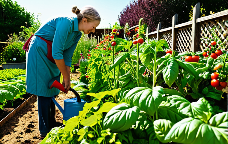 Thriving Garden Scene**

"A vibrant vegetable garden teeming with life, companion plants like basil and tomatoes growing together, ladybugs and bees buzzing around flowering herbs. Fully clothed gardener tending to the plants with a watering can. Safe for work, appropriate content, perfect anatomy, natural proportions, professional garden photography, abundant harvest, bright sunshine, modest clothing, family-friendly."

**