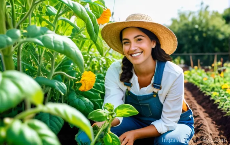 해충 방제를 위한 유기농 농업 교육 프로그램 - **Prompt 1: A Mindful Gardener in a Thriving Ecological Garden**
    "A cheerful and engaged female ...