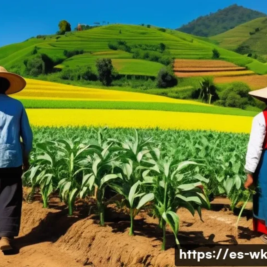 유기농 해충 관리와 관련된 NGO 활동 - A vibrant agricultural scene in a rural Latin American village during daytime, showing a small organ...