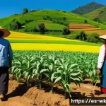 유기농 해충 관리와 관련된 NGO 활동 - A vibrant agricultural scene in a rural Latin American village during daytime, showing a small organ...