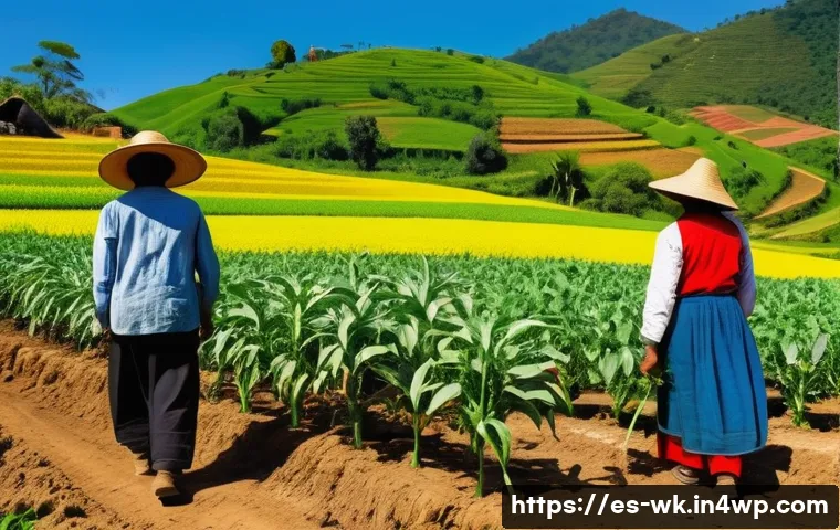 유기농 해충 관리와 관련된 NGO 활동 - A vibrant agricultural scene in a rural Latin American village during daytime, showing a small organ...