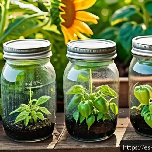 유기농 해충 관리의 효과적인 모니터링 방법 - A vibrant organic garden scene showing homemade insect traps made from small glass jars filled with ...