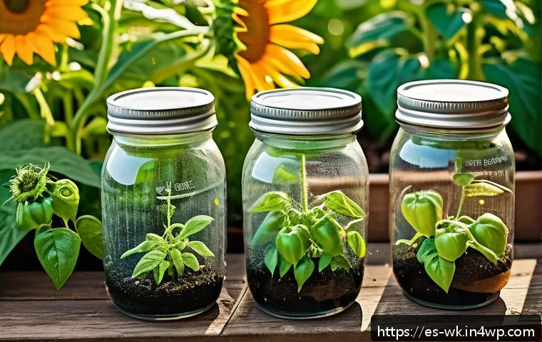 유기농 해충 관리의 효과적인 모니터링 방법 - A vibrant organic garden scene showing homemade insect traps made from small glass jars filled with ...
