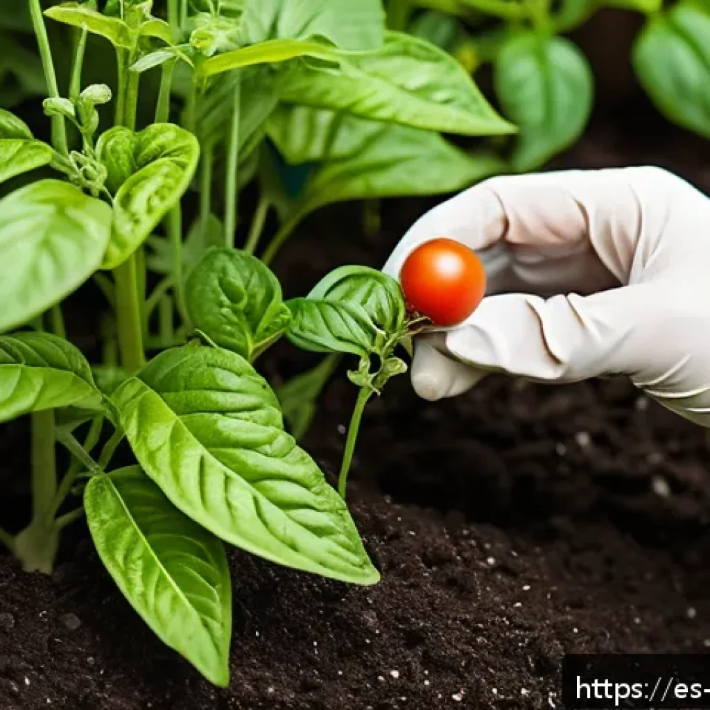 유기농 해충 감지 및 예방 방법 - A vibrant organic garden scene in a sunny Mediterranean backyard, showing a gardener inspecting toma...