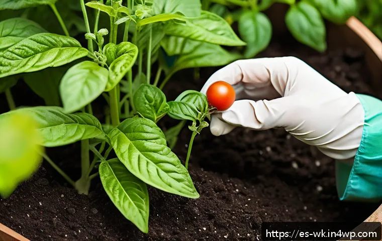 유기농 해충 감지 및 예방 방법 - A vibrant organic garden scene in a sunny Mediterranean backyard, showing a gardener inspecting toma...