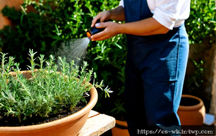 유기농 해충 퇴치에 효과적인 천연 에센셜 오일 - Photorealistic sunlit Spanish Mediterranean kitchen garden, a gardener in natural work clothes gentl...