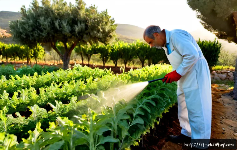 유기농 해충 방제와 지역 환경 보존 - Photorealistic organic vegetable garden in rural Spain, a middle-aged farmer in practical work cloth...
