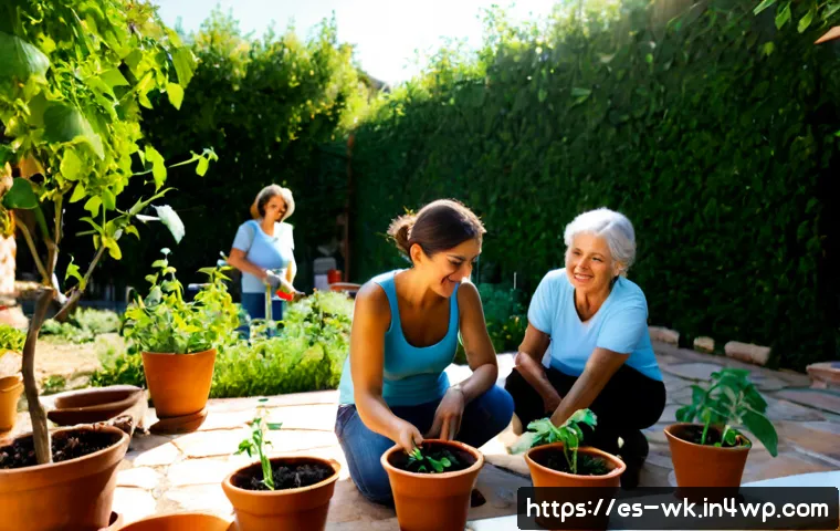 Home 17 유기농 해충 관리에 대한 소비자 피드백 - Photorealistic Spanish family in a sunlit backyard vegetable garden, two adults and an older woman c...