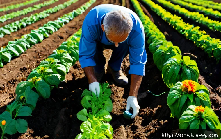 Home 17 유기농 작물 보호를 위한 해충 관리 수칙 - Photorealistic organic vegetable garden in rural Spain, a middle-aged farmer in practical work cloth...